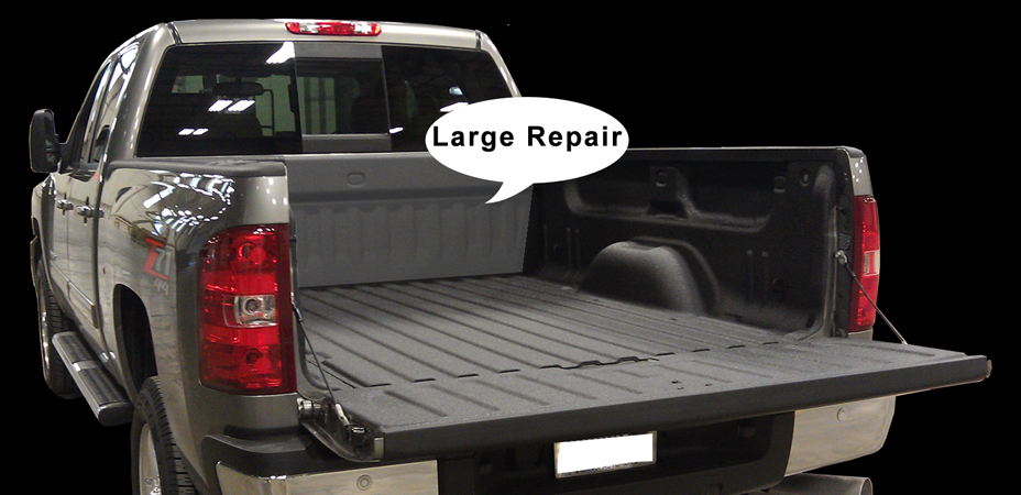 Truck bed with a large-area bedliner repair